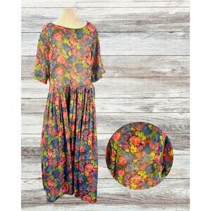 Vintage 70s Bila Calif. India Cotton Bright Floral Full Midi Skirt Dress Size S